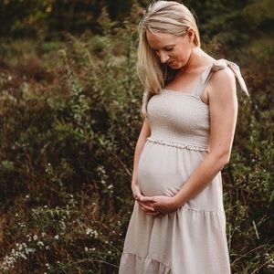 PinkBlush Beige Bow Strap Tiered Maternity Midi Dress